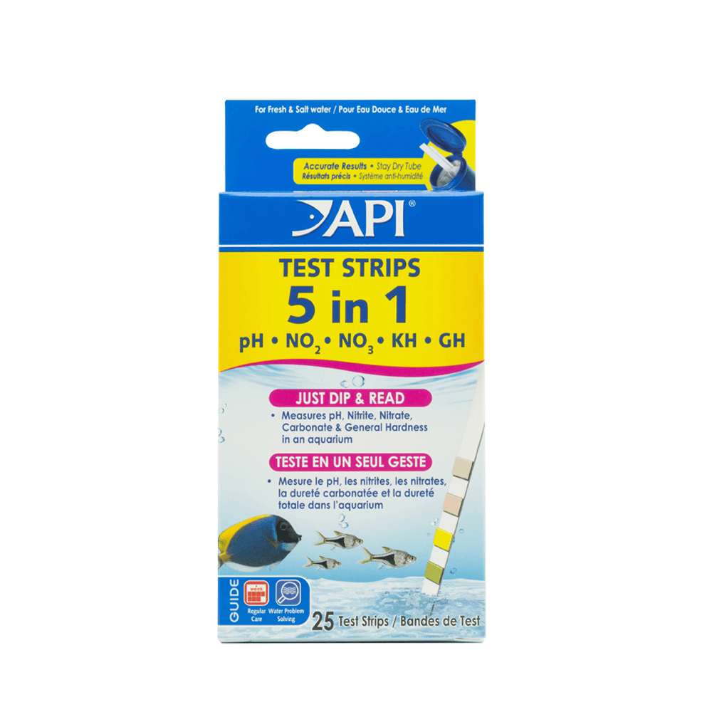 API 5-in-1 aquarium test strips 25-count box for pH, hardness, nitrite and nitrate